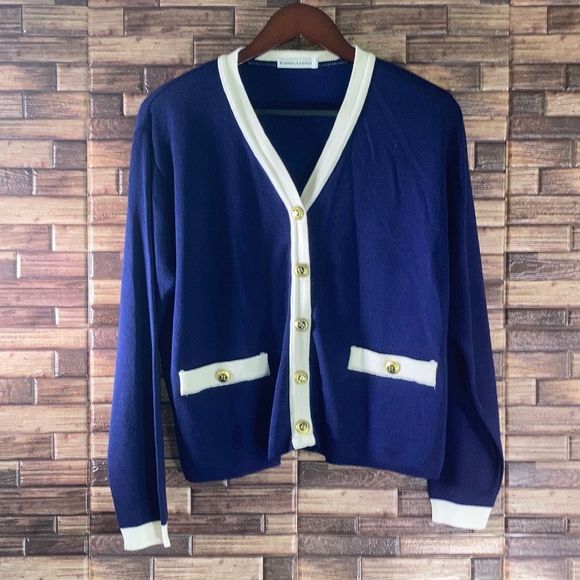 Vintage Womens  Large Blue & Cream Cardigan by Karen Lessly - Picture 1 of 9